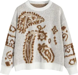 ZAFUL Womens Sweater Long Sleeve Crewneck 2024 Fashion Print Cute Oversized Chunky Knit Pullover Blouse Tops Jumpers