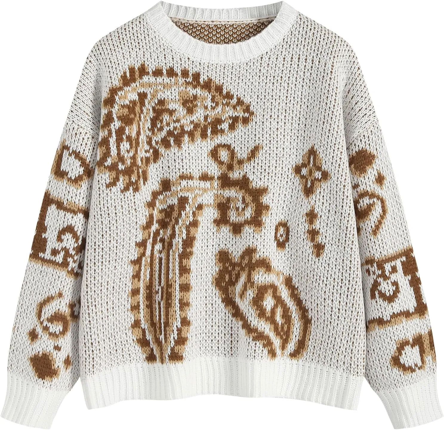 ZAFUL Womens Sweater Long Sleeve Crewneck 2024 Fashion Print Cute Oversized Chunky Knit Pullover Blouse Tops Jumpers